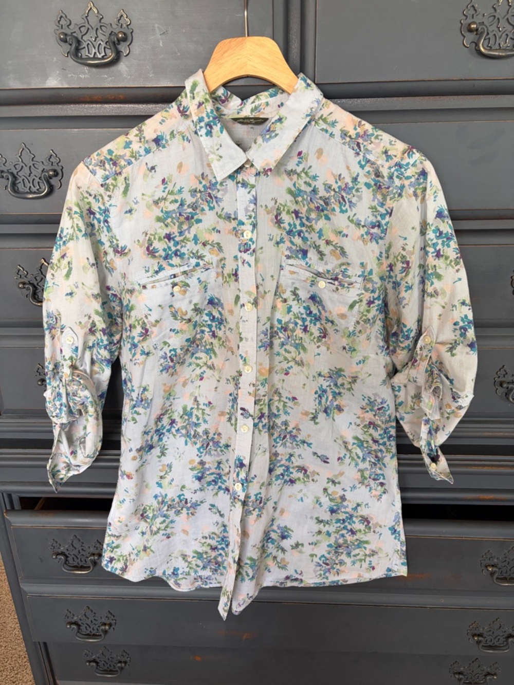 Eddie Bauer Men's Light Floral Button-Down Shirt - White, Blue, Green